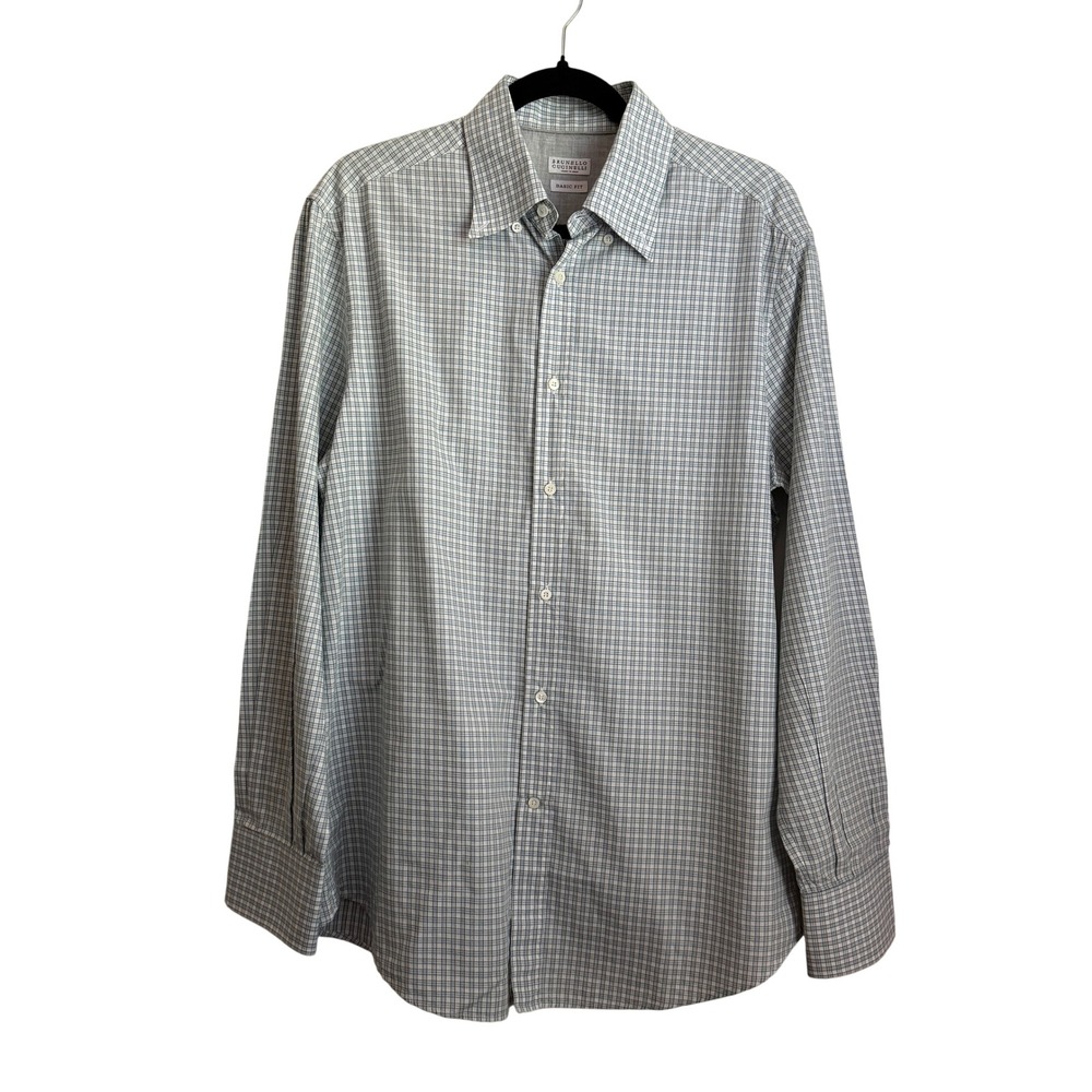 Brunello Cucinelli Men's Basic Fit Button Down Shirt Striped Blue White Large